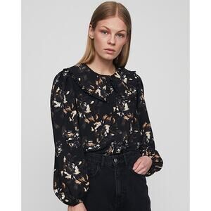 Peter Pan JUST Female Asti Shirt Black Bloomy Art huge collar sz: 36